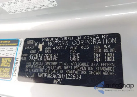 2017 Kia Sportage Lx z USA, uszkodzony, nr VIN KNDPM3AC3H7122609